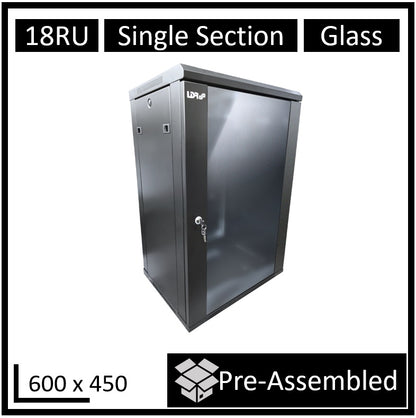 LDR Assembled 18U Wall Mount Cabinet (600mm x 450mm) Glass Door - Black Metal Co image 0