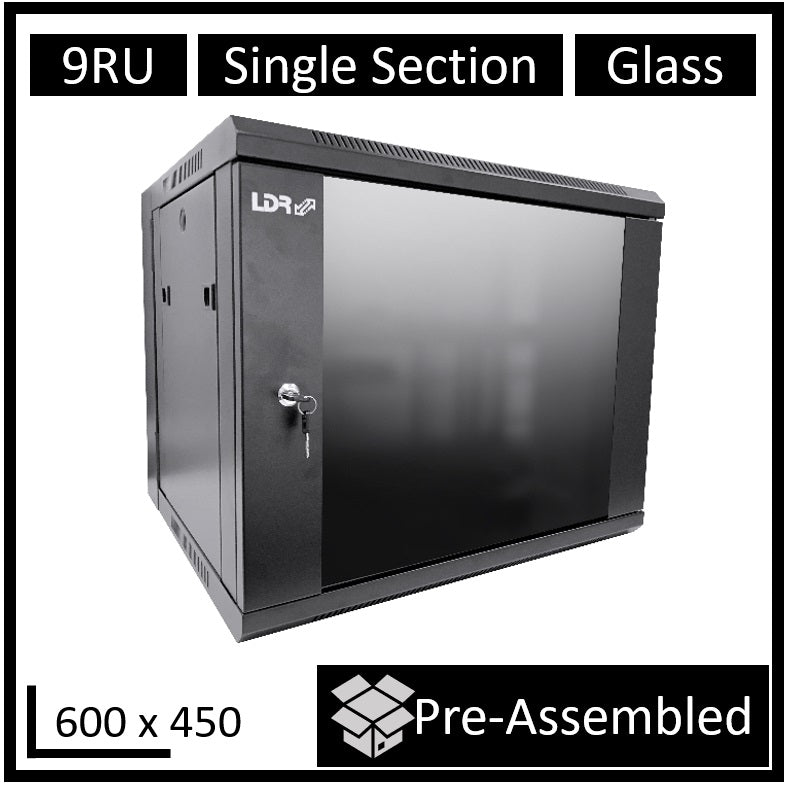 LDR Assembled 9U Wall Mount Cabinet (600mm x 450mm) Glass Door - Black Metal Con image 0