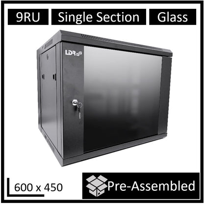 LDR Assembled 9U Wall Mount Cabinet (600mm x 450mm) Glass Door - Black Metal Con image 0