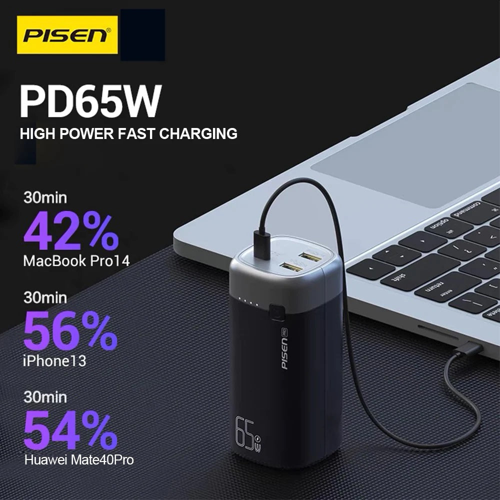 Pisen PRO Triple Port 20k mAh (65W) Laptop Power Bank - Black, 2x USB-A & 1x USB image 2