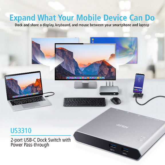Aten Sharing Switch 2x2 USB-C, 2x Devices, 2x USB 3.2 Gen2 Ports, Power Passthro image 1