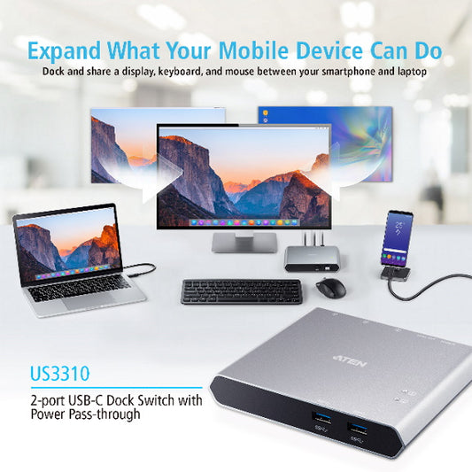 Aten Sharing Switch 2x2 USB-C, 2x Devices, 2x USB 3.2 Gen2 Ports, Power Passthro image 1