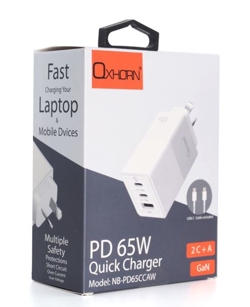 Oxhorn 65W GaN Type C fast Charger 3 Port 2xUSB-C 1xUSB-A PD3.0 QC4.0 PPS AUS Ap image 1