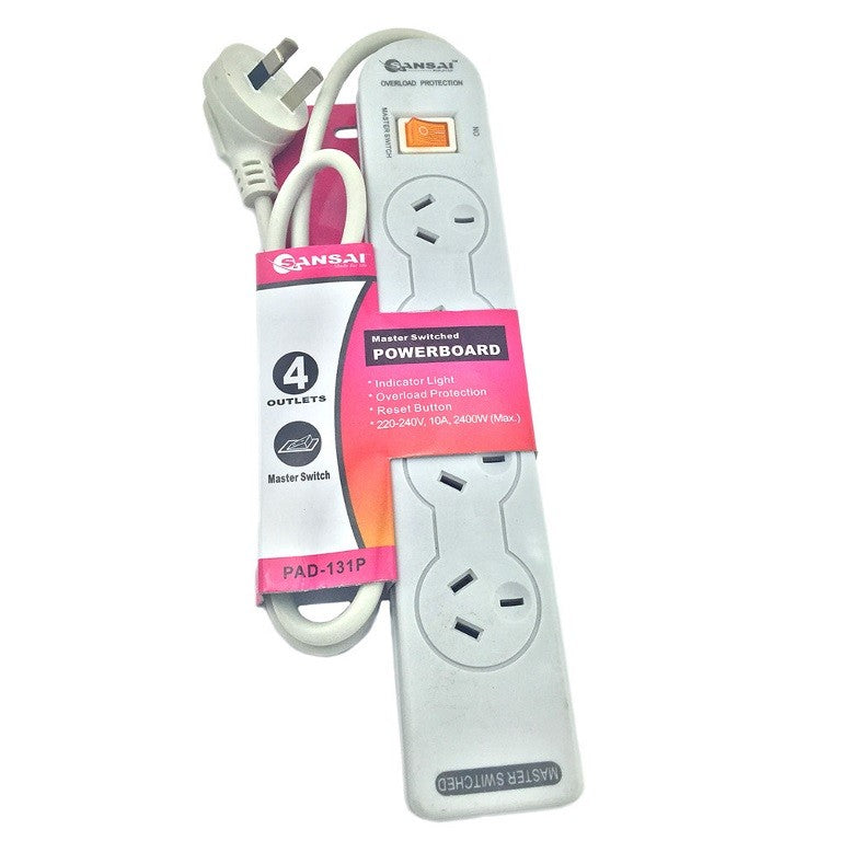 Sansai 4 Way Basic Powerboard (131P) with Master Switch Overload Protecte Reset image 1