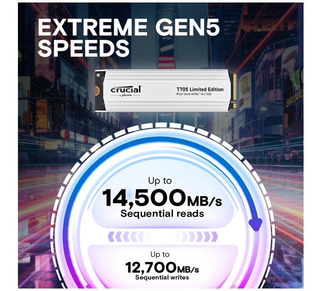Crucial T705 2TB Gen5 NVMe SSD White Heatsink - 14500/12700 MB/s R/W 1200TBW 155 image 2