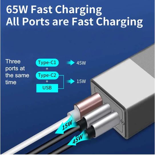 Oxhorn 65W GaN Type C fast Charger 3 Port 2xUSB-C 1xUSB-A PD3.0 QC4.0 PPS AUS Ap image 3
