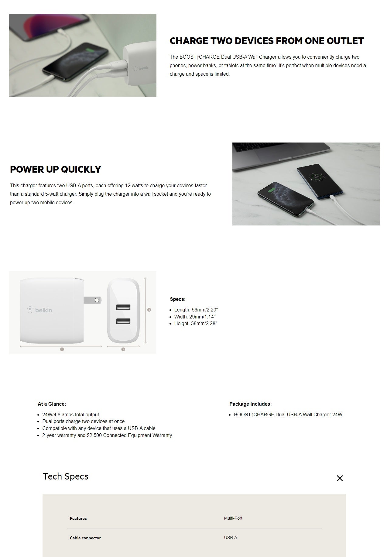 Belkin BoostCharge Dual USB-A Wall Charger 24W - White (WCB002auWH), 2xUSB-A (12 image 3