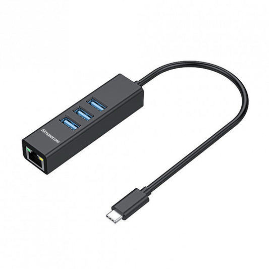 Simplecom CHN421 Black Aluminium USB-C to 3 Port USB HUB with Gigabit Ethernet A image 0