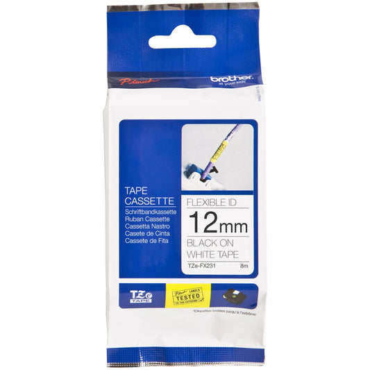 Brother 12mm Black on White Flexible TZE Tape image 0
