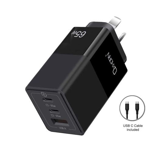 Oxhorn 65W GaN Type C fast Charger 3 Port 2xUSB-C 1xUSB-A PD3.0 QC4.0 PPS AUS Ap image 0