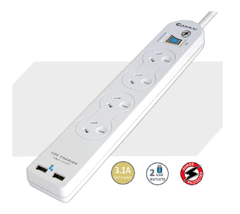 Sansai 4 Way Basic Powerboard USB Ax2 4 Outlets Master Switch Surge and overload image 0